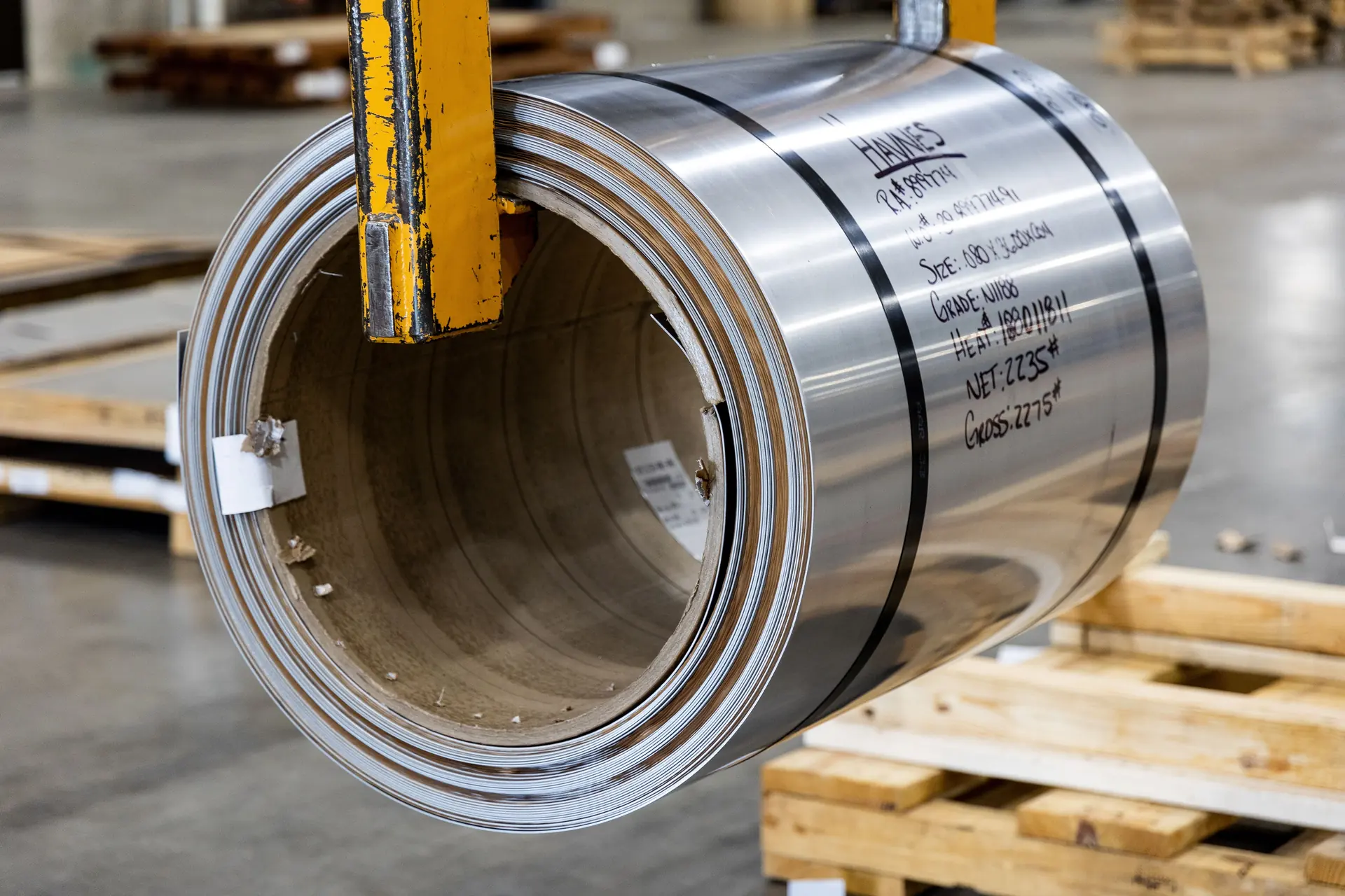 Metal coil roll closeup in factory